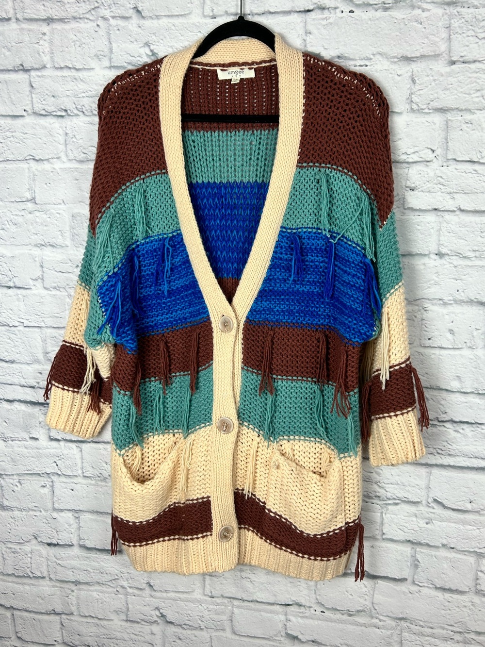 Umgee Fringe Cardigan Sweater S/M Colorblock Open Knit Boho Duster Pockets
